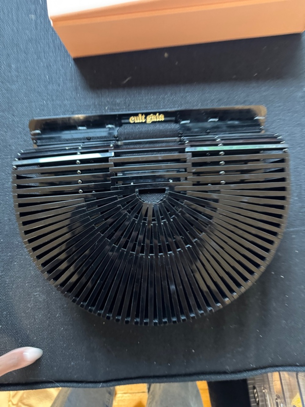 cult gaia Black Ark Acrylic Half-Moon Slatted Clutch